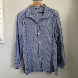 John Mark 1X Blue Stripe Linen Button Up Shirt Coastal Nautical Coastal Relaxed
